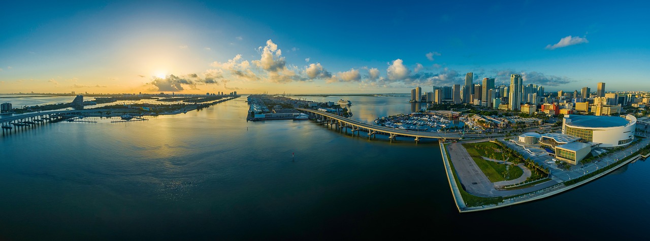 panorama, miami, city, skyline, buildings, structures, infrastructures, cityscape, panoramic, waterfront, florida, water, nature, usa, architecture, america, sunset, urban, travel, ocean, dusk, famous, landscape, urban landscape
