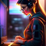 ai generated, woman, computer, working, technology, tech, programming, programmer, coding, matrix, hacker, cyber, workplace, data, developer, digital, laptop, headphones, play, typing, job, programmer, programmer, programmer, programmer, programmer, coding, coding, coding, hacker