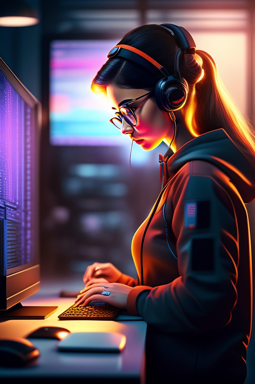 ai generated, woman, computer, working, technology, tech, programming, programmer, coding, matrix, hacker, cyber, workplace, data, developer, digital, laptop, headphones, play, typing, job, programmer, programmer, programmer, programmer, programmer, coding, coding, coding, hacker